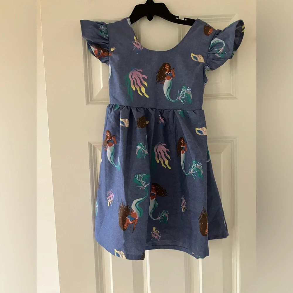 NWT Disney’s The Little Mermaid Light Blue Girl’s Dress With Elastic Waist Bow - Picture 3 of 4